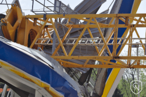 yellow crane that has tipped over and destroyed a metal building in New York