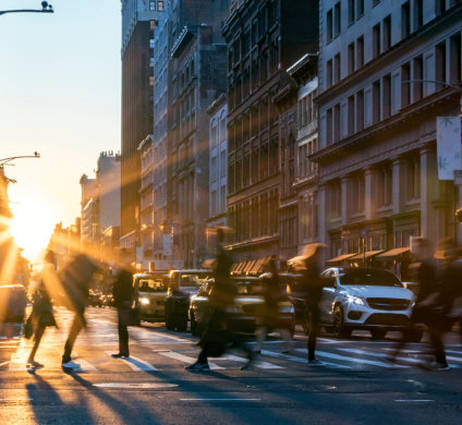 New York pedestrians walking in a crosswalk in Manhattan